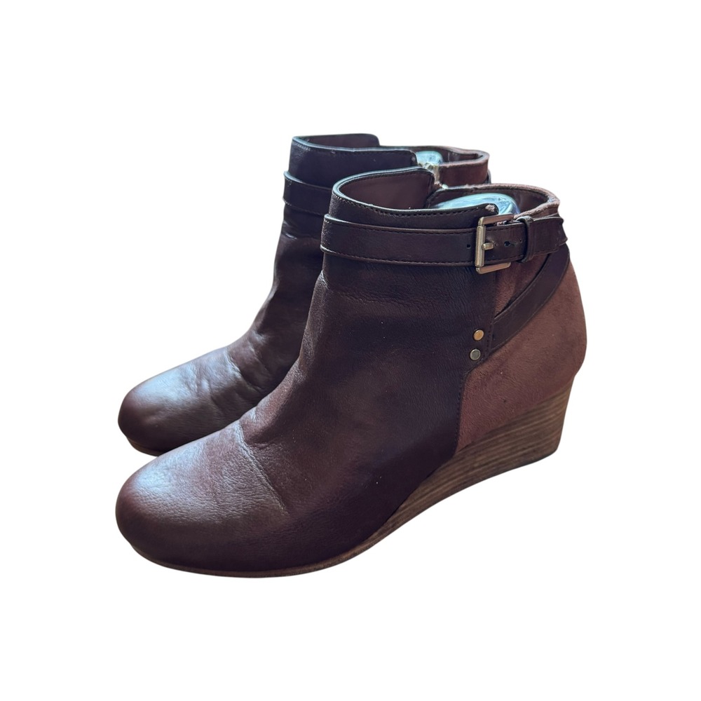 Dr. Scholl's Wedge Ankle Boots Women 7M Brown Leather Suede Buckle Double Bootie - Picture 5 of 9